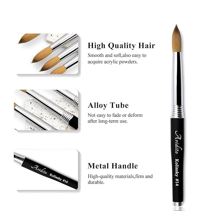 100% pure Kolinsky Round Head Acrylic nail art brush black metal handle for Professional Manicure DIY Home Salon（#12#14#16#18） (#18)