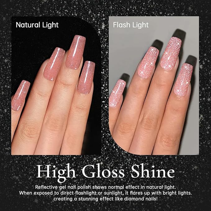 RARJSM Reflective Glitter Gel Nail Polish Nude Tea Rose Pink Sheer Jelly Gel Polish Flash Diamond Sparkle Rainbow Silver Shimmer Soak off Curing Requires 15ml for Home Salon