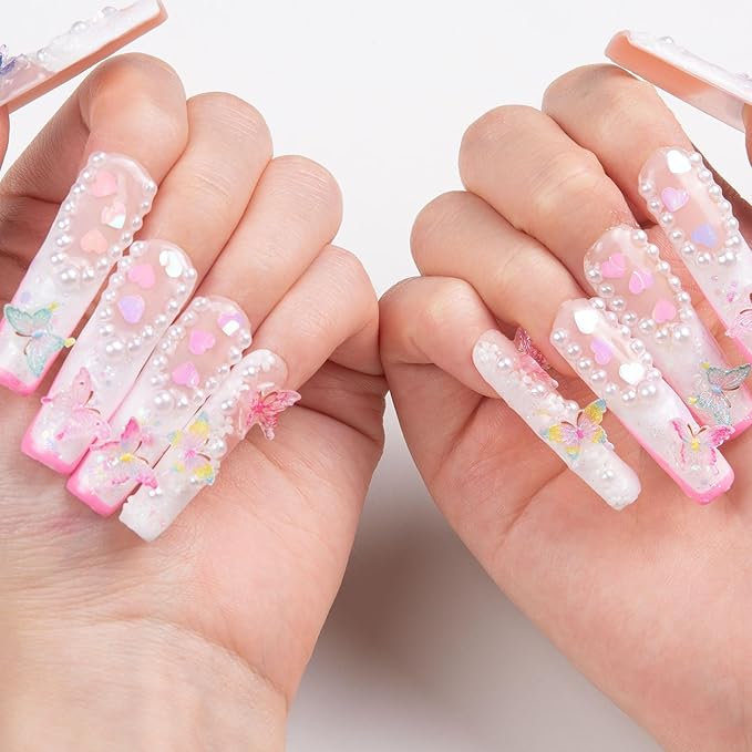 LOVFUL Press on Nails Tipsy Butterfly| Handmade with Full Covered Crystals| Reusable Fake Nails| Square Mid length 1.7in| H184-L