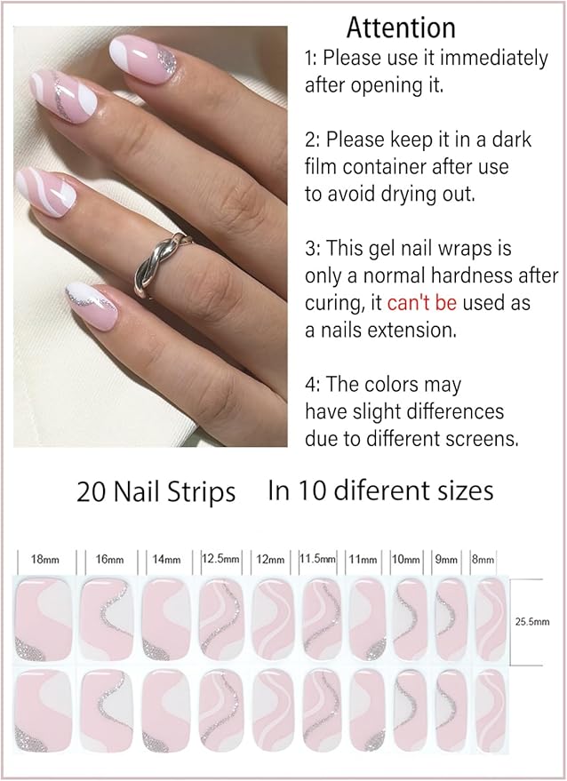 Semi Cured Gel Nail Strips,French Strips, Glitter 20pcs Stick On UV Sticker, Wraps for Home Manicure DIY