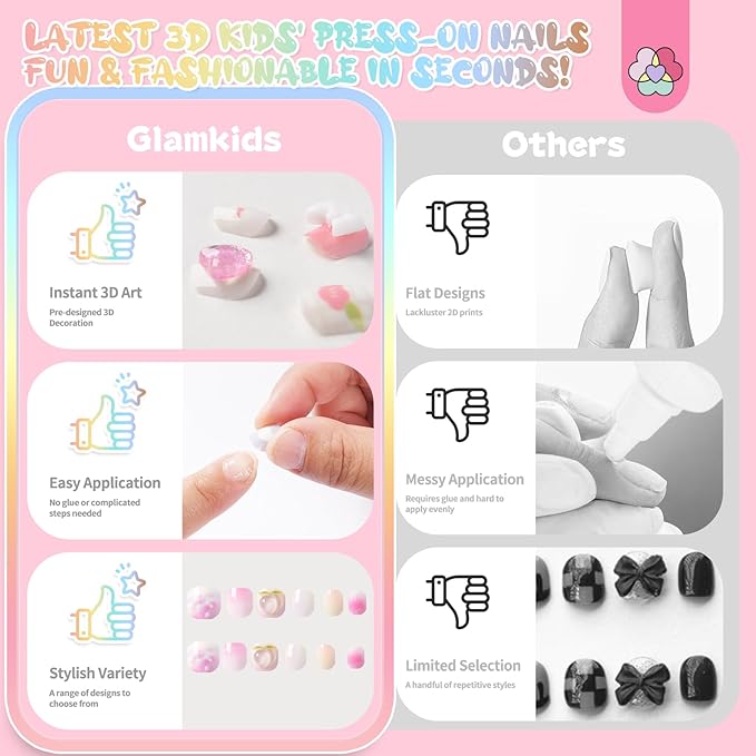 SAVILAND 3D Press on Nails for Kids: 7 Pack Kids Press on Nails for 5-9 Years Pre Glue Full Cover Short Kid Fake Nails Stick On Children Artificial False Nail Tips Fingernails Christmas Gifts for Kid
