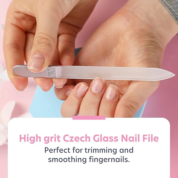 Bona Fide Beauty Handmade Czech Glass Manicure Pedicure Gift Set for Women, 4PC Gift Set in Rose Gold with Glass Foot File, Cuticle Pusher, Mini File and Regular Nail Filer