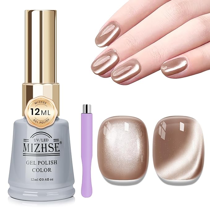 MIZHSE Cat Eye Gel Nail Polish 12mL Moonlight Champagne Magnetic Gel Polish Ceramic Glitter Smooth Soak Off U V LED Cats Eye Gel Polish Nail Art Manicure Salon Home DIY for Women