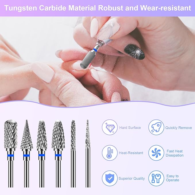 CGBE Nail Drill Bits, 6 Piece Nail Drill Bit Grinding Heads Carbide Machine Accessories for Manicure Remove Acrylic or Hard Gel Polygel, 3/32 Inch Professional Bits for Nail Cutter - Medium
