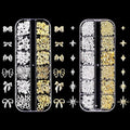 Gold Silver 3D Nail Charms, 2Boxes 24Grids Bow Star Nail Gems Nail Studs,Punk Metal Alloy Rivet Stickers Bowknot Nail Art Decorations Accessories for Nail Art Design DIY Crafts (Gold Silver A)