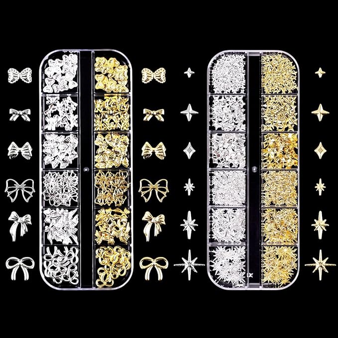 Gold Silver 3D Nail Charms, 2Boxes 24Grids Bow Star Nail Gems Nail Studs,Punk Metal Alloy Rivet Stickers Bowknot Nail Art Decorations Accessories for Nail Art Design DIY Crafts (Gold Silver A)