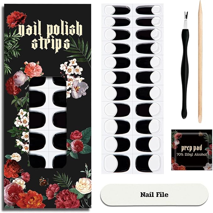 Nail Polish Strips (No UV Lamp Needed) - 22 Pcs Salon Quality Gel Nail Stickers - Long Lasting Wraps (Black Serenade)