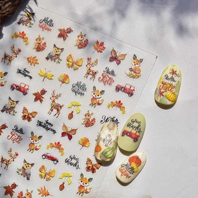 Fall Nail Art Stickers 5D Embossed Fox Nail Stickers 3D Self-Adhesive Squirrel Nail Decals Autumn Elk Owl Nail Designs Orange Maple Car Nail Art Decoration for Women Girls Manicure 1 Sheet