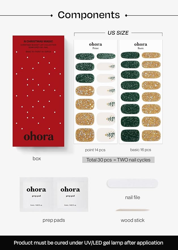 ohora Semi Cured Gel Nail Strips (N Christmas Magic) - Green & Yellow, Works with Any UV/LED Lamps, Salon-Quality, Long Lasting, Easy to Apply & Remove - Includes 2 Prep Pads, Nail File & Wooden Stick