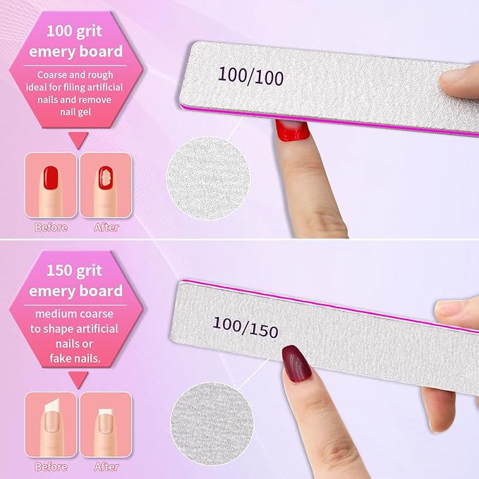Nail Files 100/100 Grit Washable 25pcs Double Sides Nail File for Natural Nails and Poly Nail Extension Gel Fingernail Files for Nails