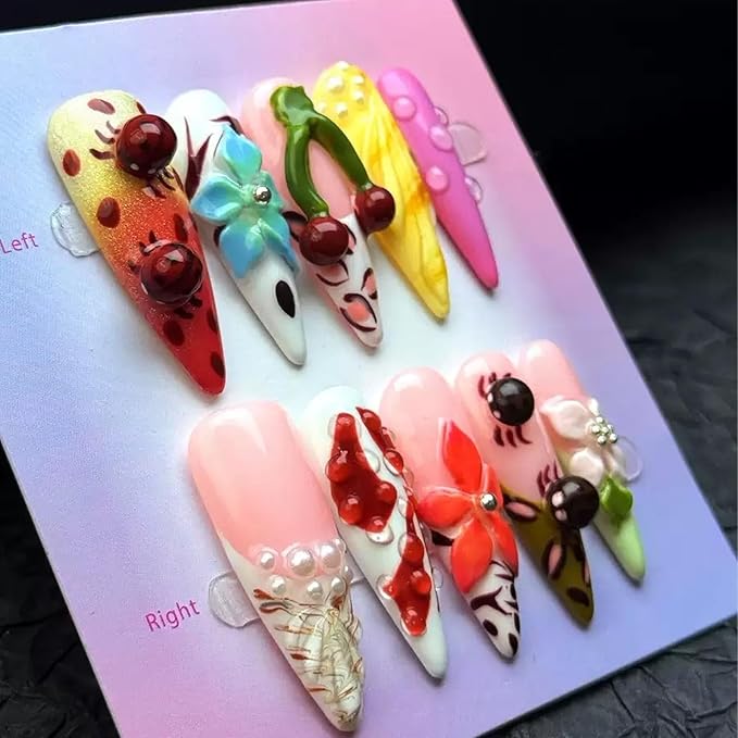 Handmade Press on Nails Long Stiletto Fake Nails 5D Colorful Flower Charms False Nails Summer Seashell Glue on Nails Cherry French tip Handmade Nail for Women Girls Daily Wear Manicure 10pcs Size L