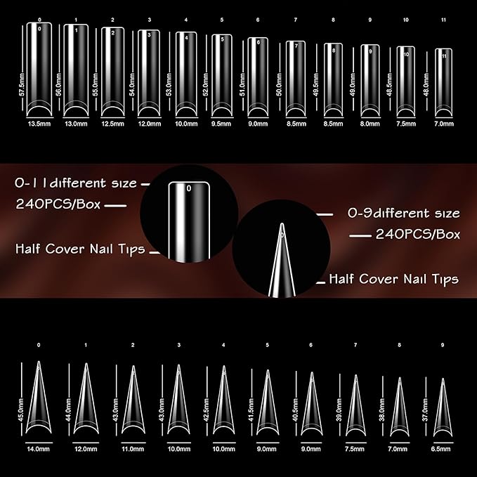ELLEWIN 480PCS No C Curve Clear Nail Tips, 3XL Extra Long Half Cover Straight and Stiletto Nails for Acrylic Nails Kit, 10 Sizes Soft Gel Fake Nails Extension for Salons and Home DIY Gifts
