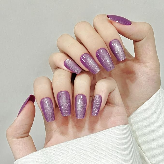 Purple Cat Eyes Press On Nails - 24 Pcs Soft Gel Medium Coffin Fake Nails Kit With Glue, 12 Sizes, Natural Reusable Stick On False Nails for Women and Girls (Skycloud Purple) SK0860