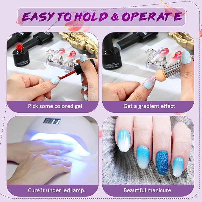 Maitys 4 Pcs UV Gel Gradient Sponges Pens with 16 Pcs Replacement Head Nail Sponges for Ombre Double Head Brush for Nail Art Manicure DIY Tools(White, Green, Purple, Blue)