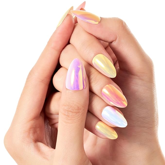 GLAMERMAID Light Pink Purple Press On Nails Short Almond, Bright Chrome Glazed Handmade Soft Jelly Gel Fake Nails, Mirror Grey Round Oval Stick Glue on Nail Kit for Women, Reusable Acrylic False Nail