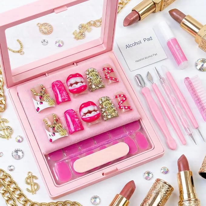 10 Pieces Luxury Acrylic Press On Nails Short Handmade Duck Nails, Pink Thickened False French Nails, Exaggerated Red Lips And The Dollar Sign, Reusable Fake Nails, Acrylic Nails (S)