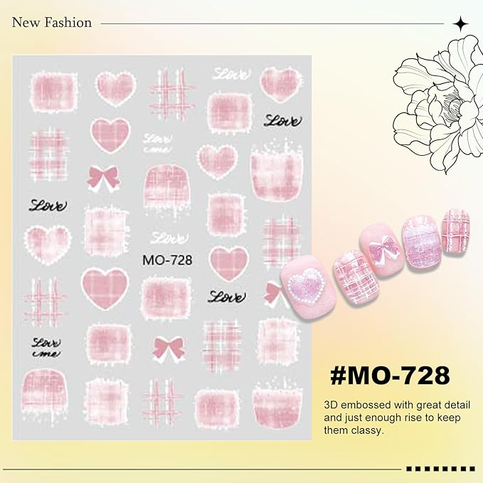 6 Sheets Bow Nail Stickers for Nail Art Red Pink Purple Blue Brown Bow Heart Designs 5D Embossed Self Adhesive Nail Decals for Women DIY Manicure Decoration YX1239