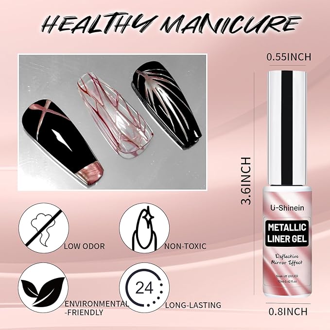12ml Metallic Painting Gel Liner Nail Art 3D Mirror Chrome Effect Metal Painted Drawing Build in Thin Brush Soak Off UV/LED Rose Gold Striper Gel for Salon DIY Manicure