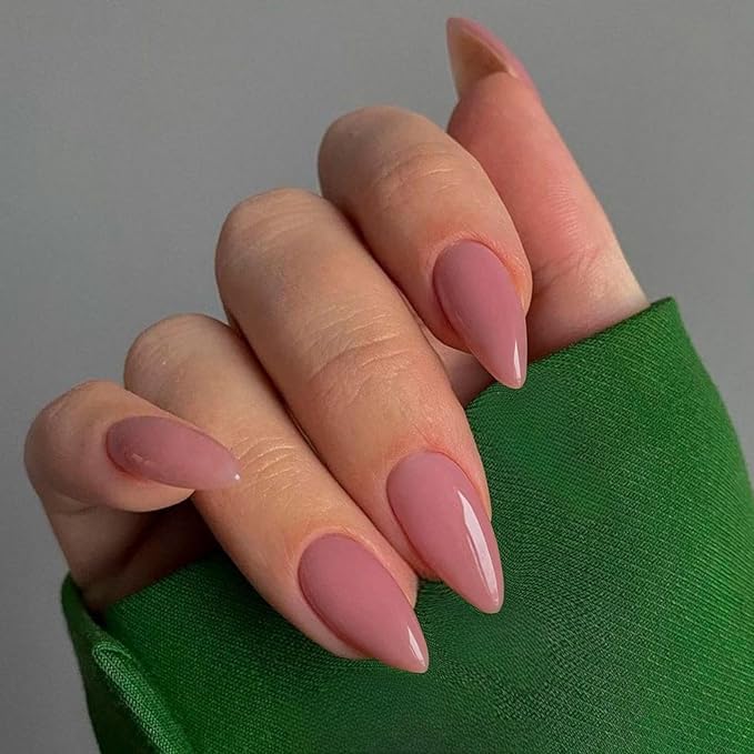 Rose Pink Press on Nails Almond Shaped 48Pcs Neutral Thick Fake Nails for Women, Medium Almond Nails Press on Reusable Acrylic Nails Glue on Medium Length Stiletto False Nails Gel Artificial Nails