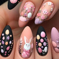 24 Pcs Easter Press on Nails Medium Almond Shaped Fake Nails Pink Black Matte False Nails Easter Eggs Cute Bunny Designs Full Cover Spring Flower Acrylic Nails for Women Manicure Decorations