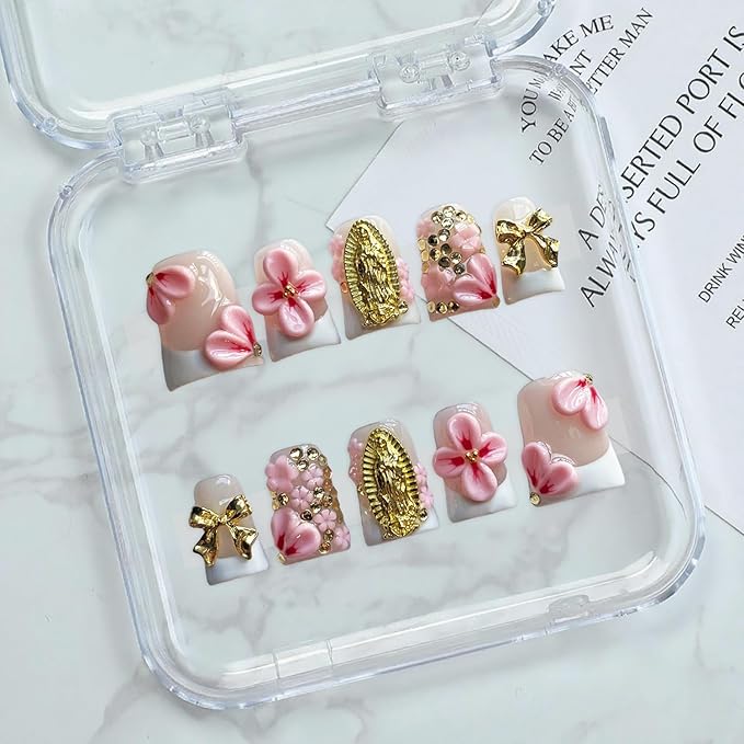 Handmade Press on Nails Short Duck Shaped Fake Nails White French Tip Muti-Layer Gel Fake Nails 3D Rhinestones Bow and Flower Designs Thick False Nails Full Cover Stick on Nails for Women (Size M)