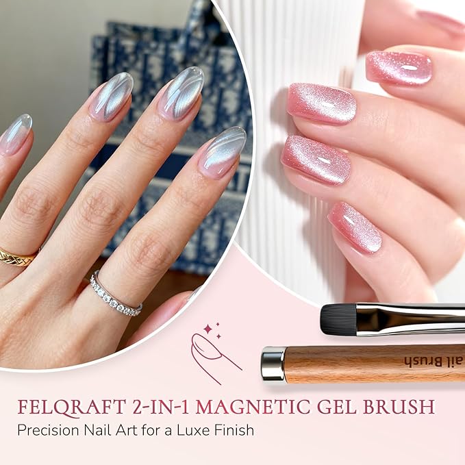 Dual-Head Nail Art Brush, French Tip Brush & Cat-Eye Magnet, DIY Nail Tools for Builder Gel & Acrylic Materials, with Wooden Handle