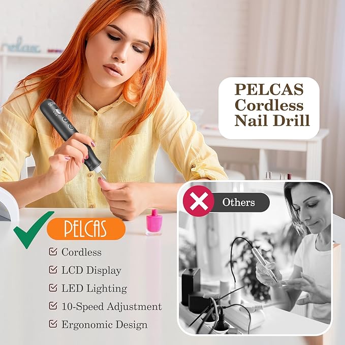PELCAS Electric Nail Grinder, 10 Speeds Cordless Nail Drill with LED Light, Portable Manicure and Pedicure Kit, Nail File with LCD Screen for Human, Pet, Thick Toenails, Natural & Acrylic Nails Grey