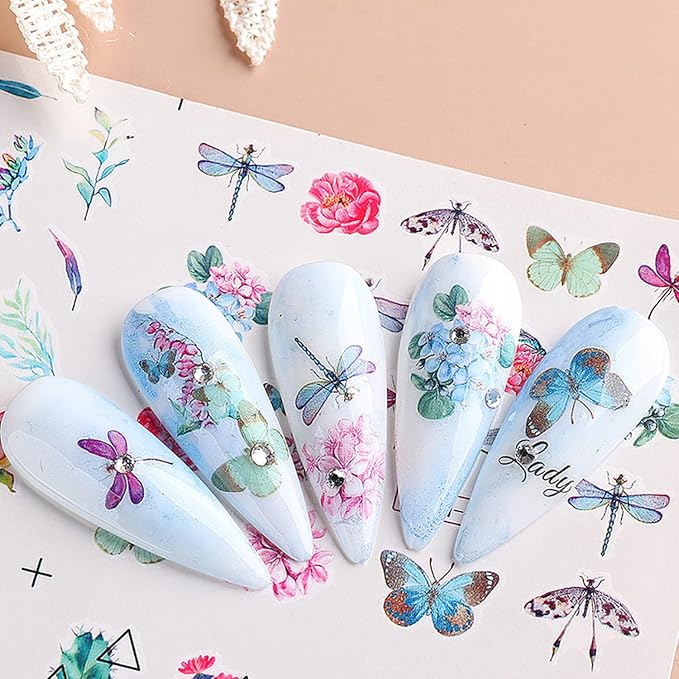 24 Sheets Flowers Nail Art Stickers, Holographic Floral Leaf Butterfly Nail Water Transfer Decals Design, Flower Nail Art Sticker Supplies for Women Girls Manicure Charms Decorations, Resin Nail Decal