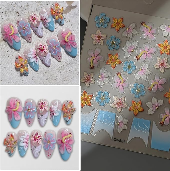 1Sheet 5D French Tip Nail Art Stickers Embossed Spring Nail Decals Colorful Camellia Lily Hibiscus Cherry Blossom Nail Design Supplies Self Adhesive Flower Nail Stickers for Women DIY Manicure