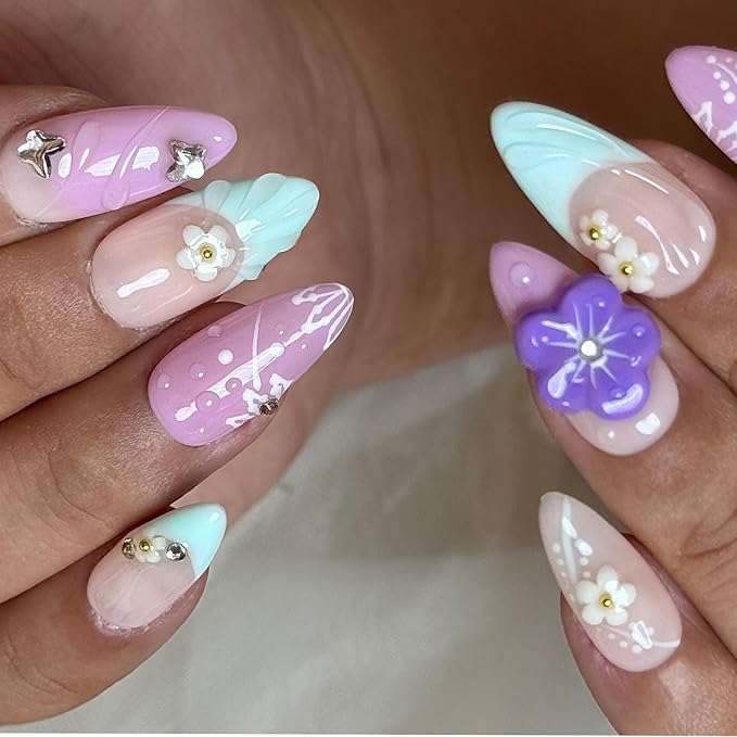 Handmade Press On Nails - 3D Almond False Nails 10PCS, Reusable Acrylic Pink French Salon Design, Easy to Apply Nail Tips for Women