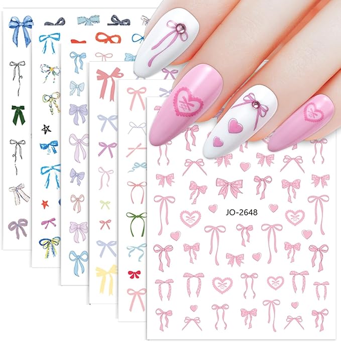 6 Sheets Bow Nail Sticker 3D Embossed Self-Adhesive Color Bow Art Nails Decals 5D Design Stickers Supplies for Women Girls Manicure Decoration 807-8