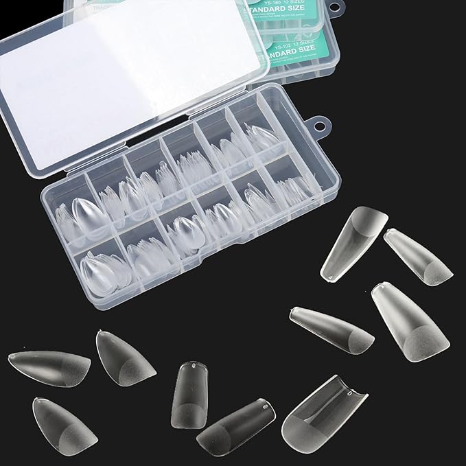 3 Shapes Soft Gel Nail Tips Almond Square Coffin Kit, Pre-buff Inner & Full Matte Surface Acrylic Etch X False Nail 12 Sizes 360Pcs, Clear Press On Nails for Extension Manicure Daily Nail Art, BlueZOO
