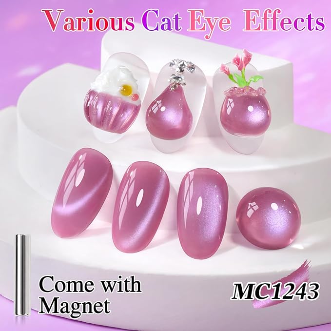 Double Rhythm 15ML Ice Glass Cat Eye Gel Polish with Magnet Holographic Glitter Shimmer Translucent Sheer Color Salon Soak Off Magnetic Nail at Home (Purple Pink-MC1243)