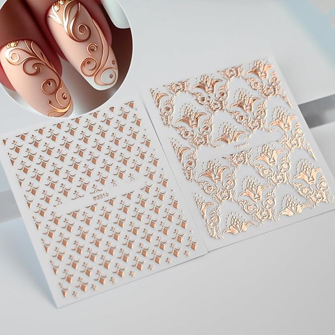 30 Sheets Rose Gold Nail Art Stickers Decals, 3D Baroque Floral Design Self Adhesive Nail stickers, Gold Line Nail Art Decals for Acrylic Nails Women and Girls Nail DIY Supplies Decoration Accessories