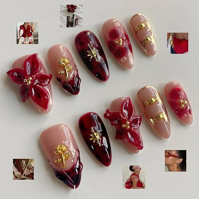 Luxury Press on Nails Medium Almond Handmade 3D Unique Reusable ABS Material Fake Nails French Tip False Nails with Designs Red Floral Glossy Glue on Nail Thick Acrylic Nail(M)