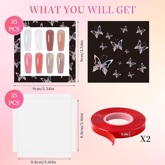 ANGNYA 72PCS Empty Press On Nail Packaging Box Contains 35PCS Butterfly Press On Nail Boxes, 35PCS White Display Cards, 2PCS Double Sided Tapes, Nail Tip Storage Case for Press-on Nail Business