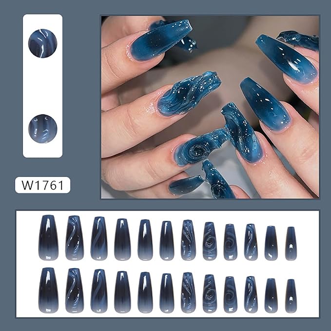 RTKHFZE Coffin Press on Nails Long Length,Ocean Blue Fake Nails with Stripes Design Ombre False Glue on Nails Winter Nails for Holiday/Christmas Gift for Women