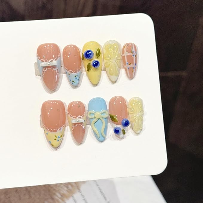 3D handmade Gel nails press on false nails Almond hand-painted gentle cute yellow lemon blueberry pearl acrylic Reusable fake nails designed kit,10 Nails, Size S #3332