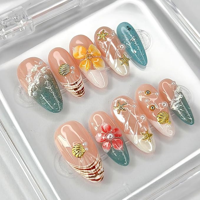 Luxury Press on Nails Medium Almond French Tip Handmade 3D Unique Reusable ABS Material Fake Nails Summer False Nails with Designs Plumeria Floral Art Petal Glossy Glue on Nails Thick Acrylic Nails(M)