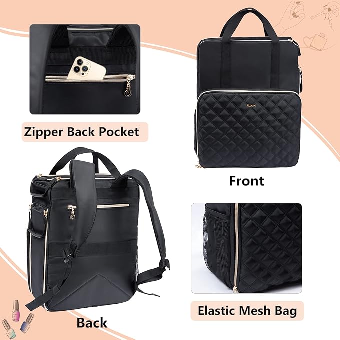 Nail Polish Organizer Backpack Holds 84-93 Bottles and a Nail Lamp, Nail Tech Storage Case Large Nail Polish Bag with 3 Removable Boxes and Tools Organizer Sections(Black)
