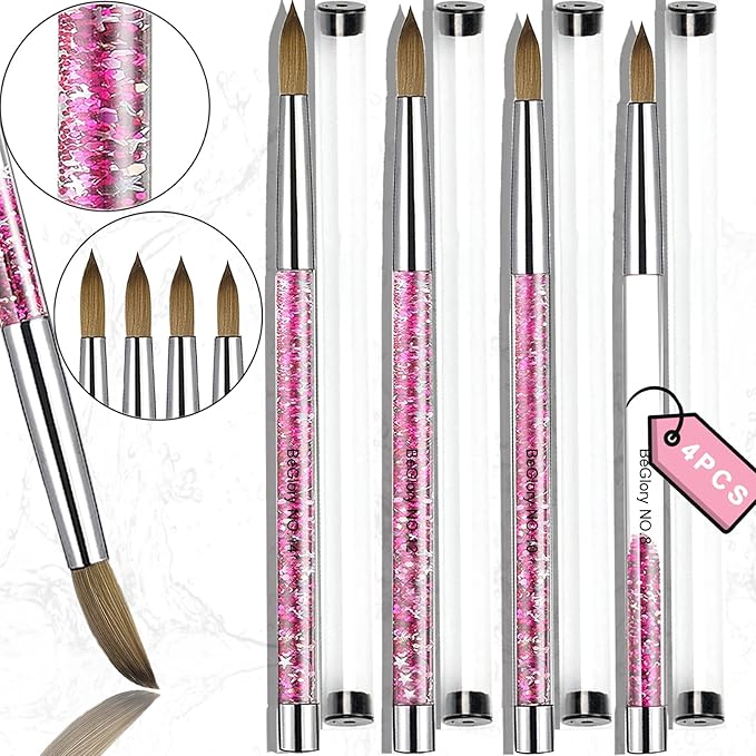 Acrylic Nail Brush Set, 4PCS Acrylic Nail Brushes Professional Nail Brush for Acrylic Application 3D Nail Carving DIY Acrylic Powder Brushes Liquid Glitter Nail Art Brush Size #8#10#12#14 (Pink)