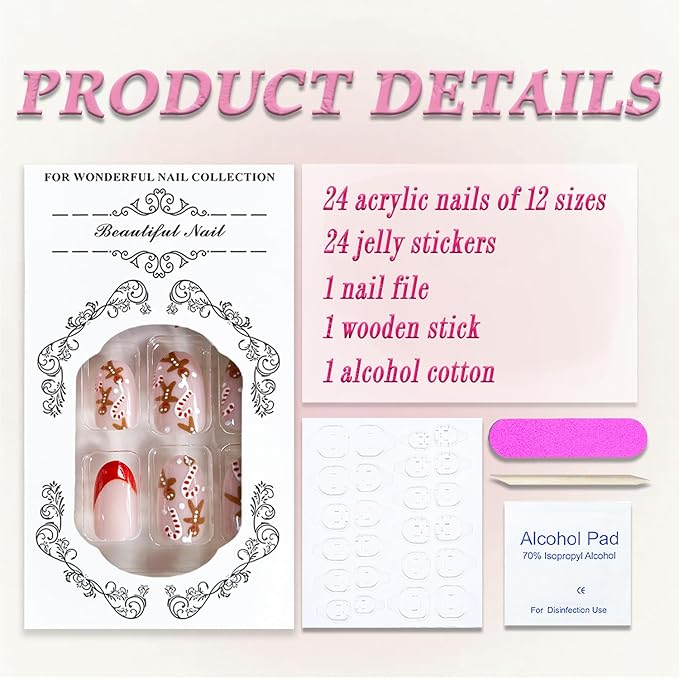 Christmas Press on Nails Medium Almond MABKJLF Fake Nails French Tip False Nails with Cane Candy Gingerbread Man Designs Glossy Glue on Nail Winter Acrylic Nails for Women Girls 24Pcs