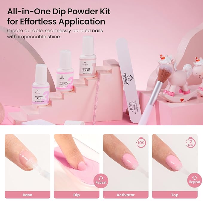 Beetles Dip Powder Nail Kit, All Season Nude White Pink Glitter 4 Colors Dipping Powder with with Base Top Coat Activator and Tools for French Nail Art, Easy DIY Home Manicure Salon Blush Champagne