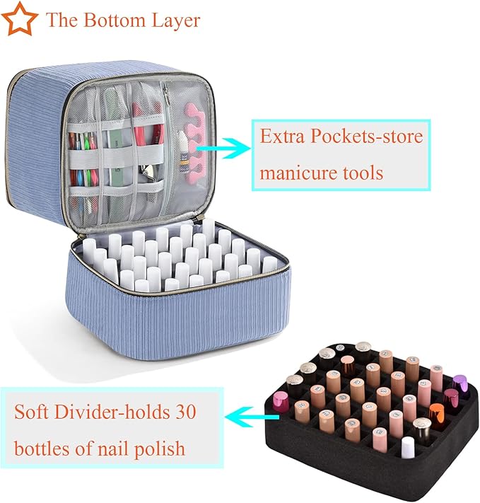 Corduroy Nail Polish Organizer and Nail Lamp Case, Nail Kit Organizer Holds 30 Bottles (15ml - 0.5 fl.oz) and a Nail Lamp, Nail Polish Carrying Case with Manicure Tools Storage Sections (Blue)