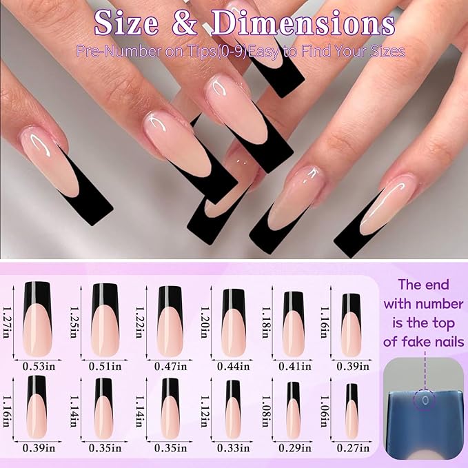 216PC Black French Tip Press on Nails Long Fake Nails Press ons with 10*Adhesive Tabs, Pink Square Acrylic Nails Press on Nails French Tip Nails False Artificial Fingernails Stick on Nails