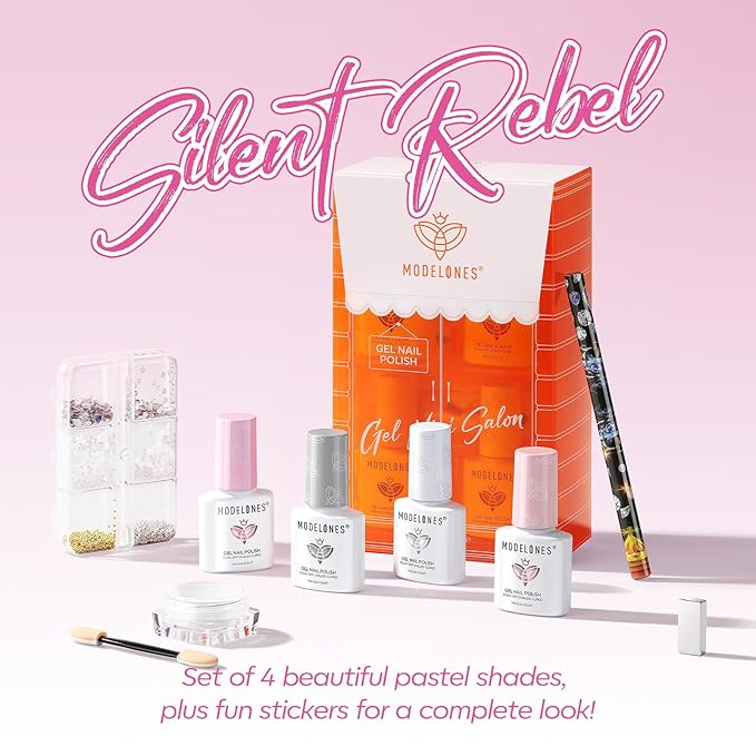 modelones Silver Cat Eye Gel Nail Polish Kit Jelly Pink White Sheer Nude French Gel Polish Set, Magnet Tools Pearl Chrome Powder Flatback Rhinestones Pearls, 4 Colors Gel Mini Salon Gift for Women