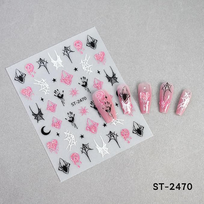 6 Sheets Halloween Nail Stickers Decals Pink Glitter Pumpkin Blood Drop Nail Sticker Black Spider Web Bat Nails Decals Self-Adhesive White Ghost Skull Nails Art Sticker Decal for Women Halloween Decor