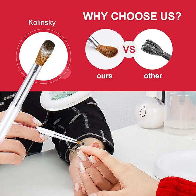 4PCS Acrylic Nail Brush Set, Kolinsky Hair, Oval Crimped Pressed Shaped, Size 6/8/12/16 - Red Metal Handle Professional Manicure Powder Brush for DIY Home Salon