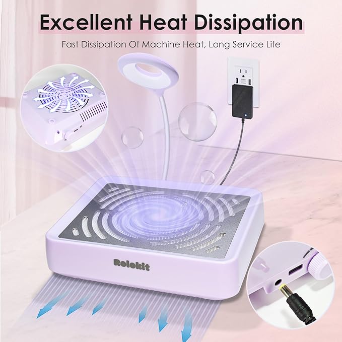 Nail Dust Collector with Lamp&50pcs Disposable Filter&Dusting Brush, Electric Nail Vacuum Cleaner Dust Fan Suction Machine for Manicure Acrylic Gel Nails Polishing, Low Noise, Salon Home (Purple)