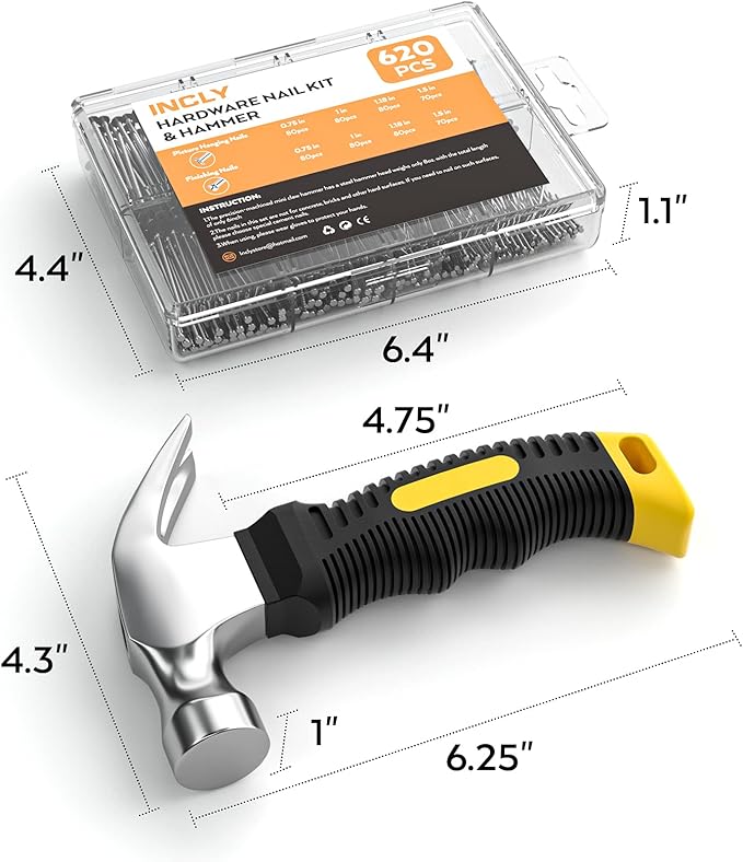 INCLY 620 PCS Small Nails for Hanging Pictures Assortment Kit with 8oz Claw Small Hammer, Mini Hammer Set with Hardware Nails Assorted Set 310 Wall Nails & 310 Finish Nails for Installing with Case